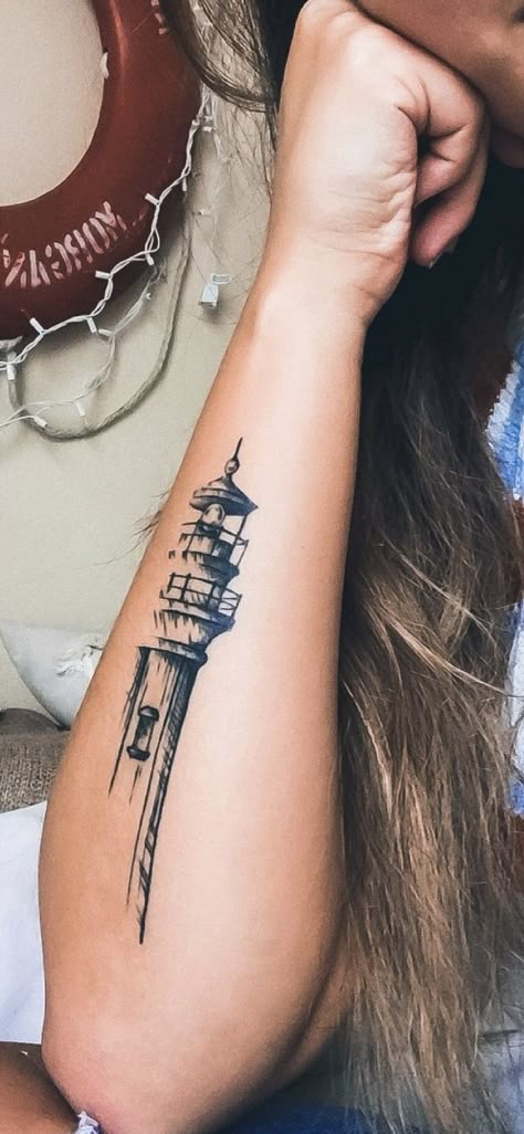 Lighthouse Shin Tattoo, Abstract Lighthouse Tattoo, Black And White Lighthouse Tattoo, Light House Tattoo Design, Bay Area Tattoos, Lighthouse Tattoo Men, Tattoos For Growth And Change, Light House Tattoo, Teddy Tattoo