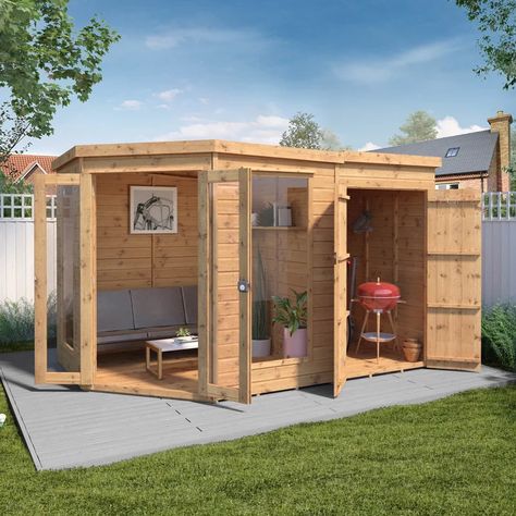 Dakota Fields 11 x 7 Ft. Shiplap Corner Summer House & Reviews | Wayfair.co.uk Tongue And Groove Cladding, Corner Summer House, Shiplap Cladding, Glazed Windows, Summer House Garden, Shed Base, Door Dimensions, Roofing Felt, Building Structure