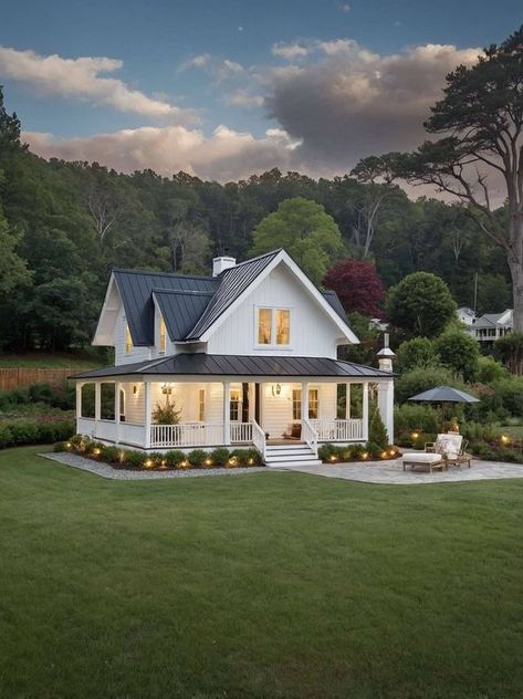 Tiny Homes White Tiny House, House With Wrap Around Porch, Small Country Homes, Wraparound Porch, Homestead House, Small Cottage Homes, Backyard Buildings, Future Farms, Cottage Farm