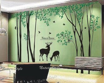 Birch Tree with Flying Birds and Deer-wall decal nursery wall decal baby girl room decal wall decal children wall decal deer Tree Mural Nursery, Birch Tree Mural, Graphic Mural, Tree Wall Painting, Girls Room Decals, Vinyl Tree Wall Decal, Forest Wall Decals, Deer Decal, Tree Mural