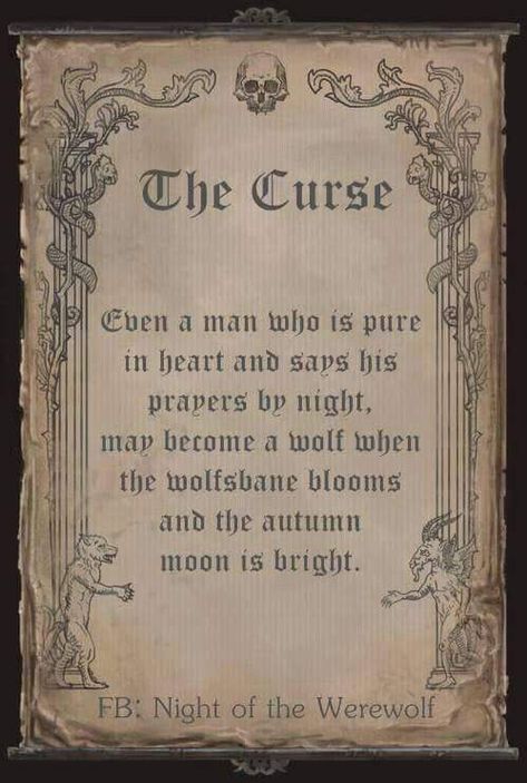 "The Curse - Even a man who is pure in heart and says his prayers by night, may become a wolf when the wolfs-bane blooms and the autumn moon is bright." -Curt Siodmak. Source: The Wolf Man 1941 MOVIE. https://www.imdb.com/title/tt0034398/ Necronomicon Book of Shadows Jumanji Harry Potter Merlin Book of the Dead Spell Books Halloween Goth Make a Book For Fun FICTION NOT REAL @Neferast Werewolf Aesthetic, Under Your Spell, Vampires And Werewolves, The Curse, Spells Witchcraft, Mythological Creatures, Old Book, Spell Book, Book Of Shadows