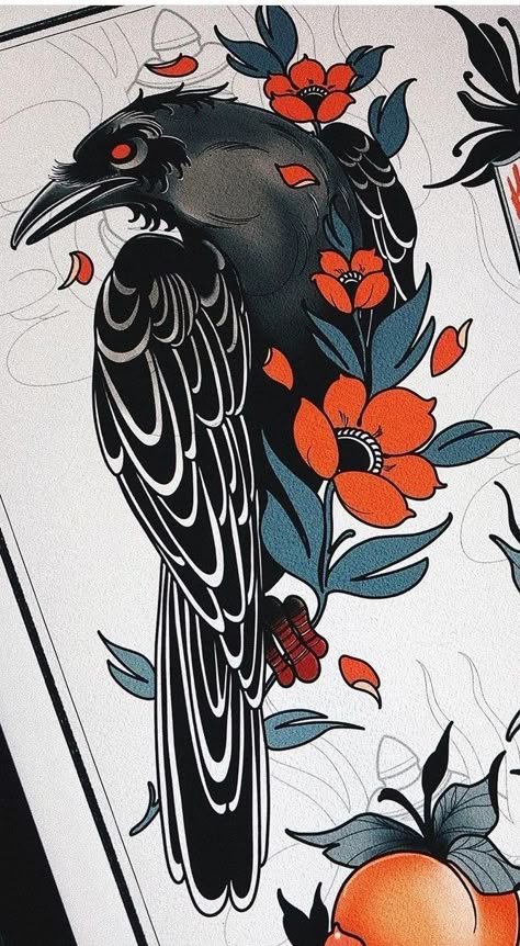 Neo Traditional Art, Rabe Tattoo, Crow Tattoo Design, Neo Tattoo, Crow Tattoo, Raven Tattoo, Traditional Tattoo Design, Instagram Tattoo, Traditional Tattoo Art