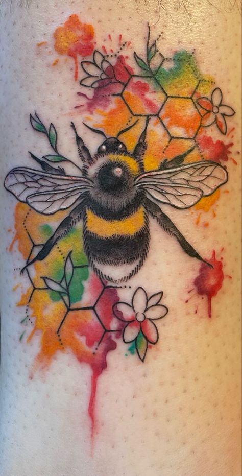 Bee Compass Tattoo, Colourful Bee Tattoo, Bee Cover Up Tattoo, Colour Bee Tattoo, Watercolour Bee Tattoo, Rainbow Bee Tattoo, Bumble Bee Flower Tattoo, Sunflower Bumble Bee Tattoo, Colorful Bee Tattoo