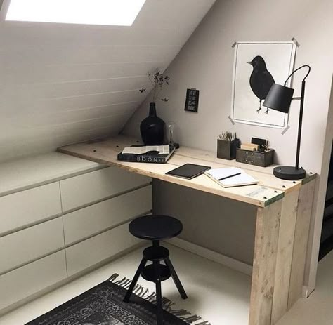 Upstairs Home Office, Creative Home Office Space Ideas, Low Ceiling Attic Office, Small Workspace In Bedroom, Small Loft Office Ideas, Slanted Wall Ideas, Small Loft Office Ideas Upstairs, Slanted Ceiling Office, Small Attic Office