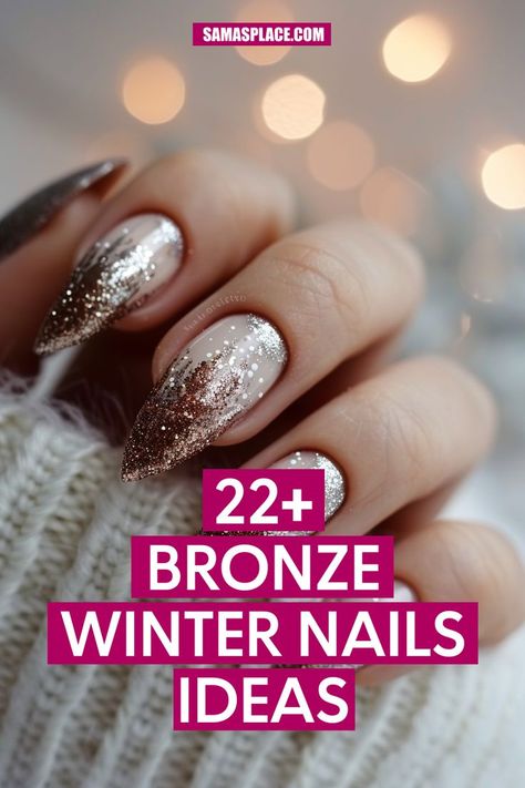 A soft bronze base with subtle glitter highlights, creating a cozy and warm look. The almond shape and gentle shimmer add a wintery elegance. Winter Glitter Gel Nails, Winter Glitter Nails Acrylic, Almond Gel Nails Winter, Chrome Sparkle Nails, Glittery Almond Nails, Winter Nails Sparkly, Sparkly Winter Nails, Glitter Winter Nails, Winter Glitter Nails