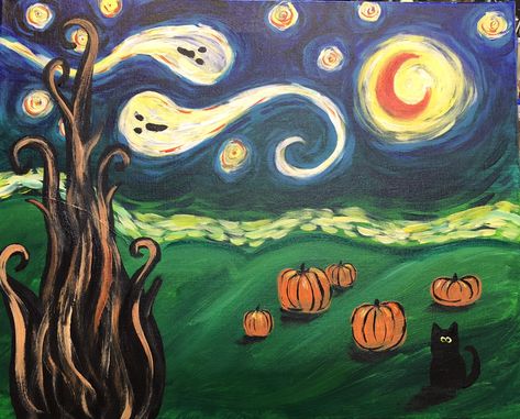 Halloween Canvas Art, Wine Painting, Arte Van Gogh, Oil Pastel Art, Van Gogh Art, Painting Art Lesson, Halloween Painting, Small Canvas Art, Mini Canvas Art