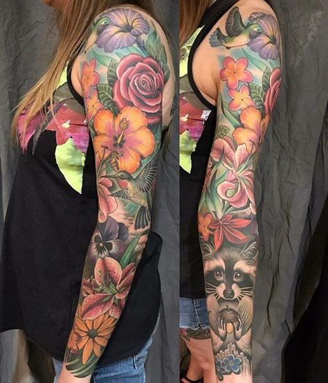 Colored Floral Sleeve Tattoo, Colorful Sleeve Tattoos, Mangas Tattoo, Taurus Tattoo, Tattoos For Women Half Sleeve, Flower Tattoo Shoulder, Upper Arm Tattoos, Floral Tattoo Sleeve, Flower Sleeve