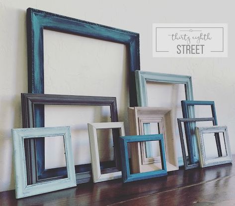 Thirty Eighth Street | Turquoise, Blue, Pink & Grey Painted Picture Frames. Update Your Nursery Or Gallery Wall With Painted Frames. Gallery Wall Painted Frames, Blue Picture Frames On The Wall, Chalk Paint Picture Frames, Frame Painting Ideas, Painting Picture Frames, Store Picture Frames, Painted Photo Frames, Diy Canvas Frame, Blue Picture Frame