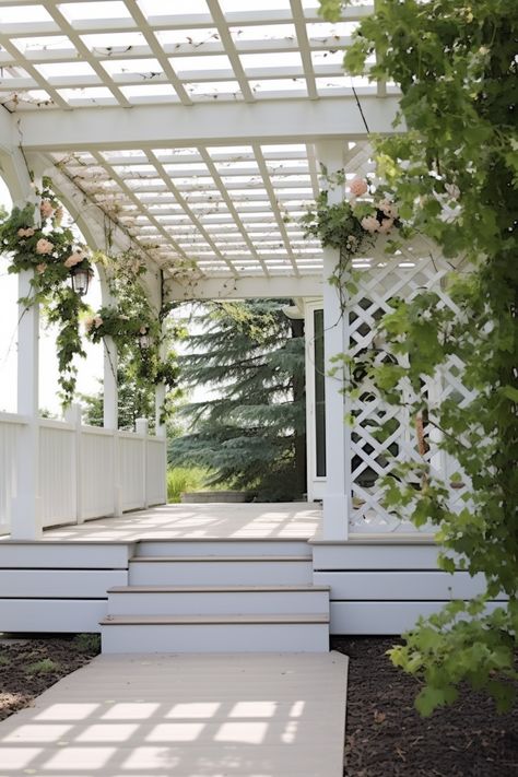 Transform your backyard into a secluded oasis with a beautiful white pergola. This pegrod porch features terra cotta steps and a floral trellis, adding a touch of elegance to the light white and light gold theme. Escape to a prairiecore-inspired paradise with this UHD image. White Pergola Attached To House, Future Mansion, White Deck, Walk Idea, White Pergola, Garden Design Inspiration, Home Exterior Ideas, Pergola Attached To House, Garden Frame