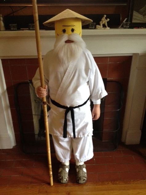 I put together this Sensai Wu costume for my son last Halloween.  He already had a karate gi.  I used a square paper plate and painted it yellow, cut eye holes, drew on black cheek and forehead lines, and glued on a white beard we purchased.  We used an elastic band hot glued to the back of the mask to keep it on.  For the hat, we created a small cone out of poster board and glued burlap to it. Hole Drawing, Twin Costumes, Forehead Lines, Ninjago Birthday, Karate Gi, Eye Hole, Last Halloween, White Mask, Creative Costumes