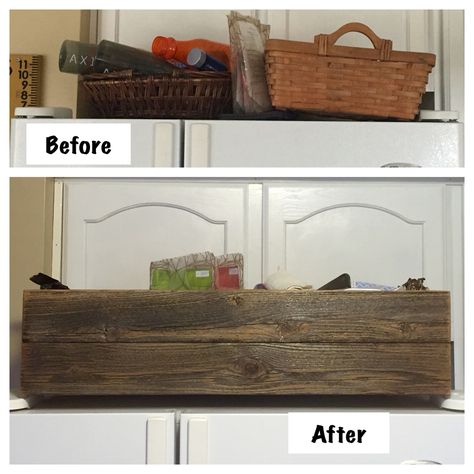 Above fridge storage crate made with reclaimed fence wood. Top Of Fridge Storage Ideas Baskets, Baskets Above Fridge, Above Fridge Storage Ideas, Top Of Fridge Storage Ideas, Top Of Fridge Storage, Above Fridge Storage, Fridge Top Decor, Fridge Storage Ideas, New Apartment Kitchen