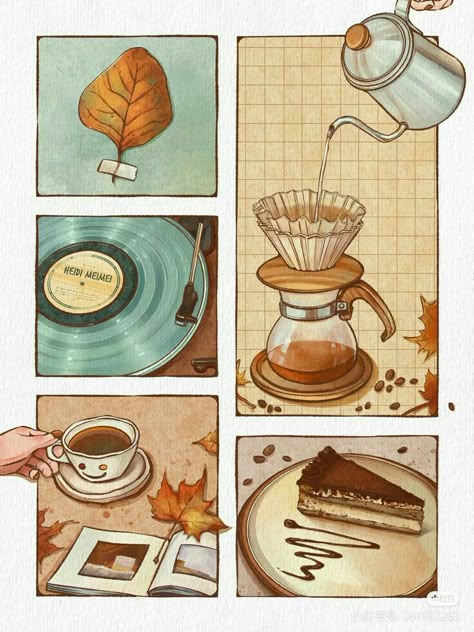 Wallpaper Desktop Coffee, Coffee Art Journal, Books And Coffee Illustration, Coffee And Book Drawing, Autumn Illustration Aesthetic, Comic Style Art Illustration, Coffee Drawing Aesthetic, Coffee Aesthetic Art, Growing Coffee