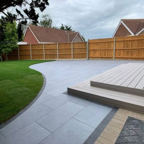 Light Grey Patio Paving, Grey Backyard Ideas, Light Grey Porcelain Patio, Light Grey Patio, Grey Porcelain Paving, Outdoor Patio Layout Ideas, Porcelain Pathway, Patio Paving Ideas On A Budget, Grey Patio Paving