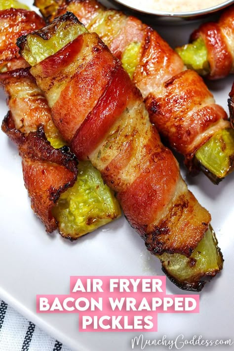 Air fried bacon wrapped pickles on a light gray plate with dipping sauce in a silver dish. Air Fried Pickles With Bacon And Ranch, Cajun Ranch, Air Fry Bacon, Bacon Wrapped Pickles, Bacon Wrapped Recipes, Wrapped Pickles, Cheese Pickles, Air Fryer Bacon, Fried Bacon