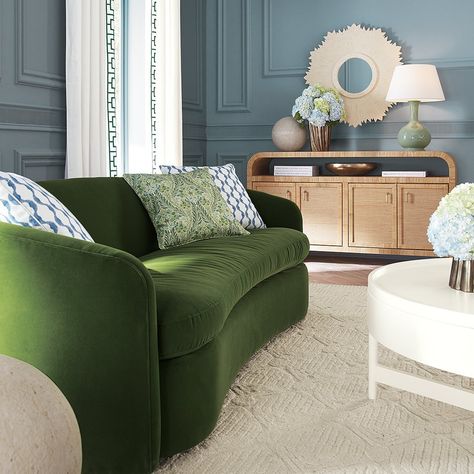 Pairing our luxurious Monterrey sofa in rich green with a calming blue backdrop 💚💙 Achieving a flawless blend of colors and crafting a warm and inviting ambiance. Color can play an important role in a room's design, influencing mood and creating a harmonious atmosphere. Storage Budget, Canned Lights, Sofa Drawing, Beautiful Furniture Pieces, Color Furniture, Curved Bench, Blue Backdrop, Furniture Placement, Blue Backdrops