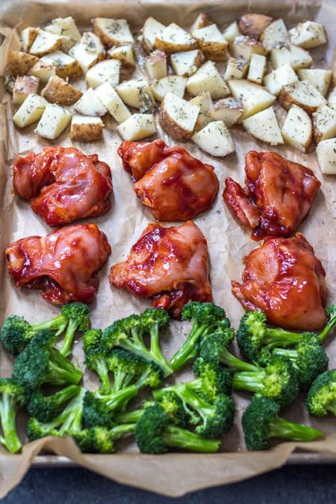 Healthy Bbq Chicken Meals, Whole 30 Chicken Sheet Pan Recipes, Meal Prep Bbq Chicken, Easy Meal Prep Sheet Pan, Bbq Sheet Pan Dinner, Simple Healthy Gluten Free Meals, Boneless Chicken Thigh Sheet Pan Dinner, Barbecue Chicken Meal Prep, Healthy Chicken Thigh Meal Prep