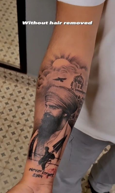 Sant Jarnail Singh Bhindrawale Tattoo, Sikh Tattoo Ideas Men, Sikh Warrior Tattoo Design, Hari Singh Nalwa Tattoo, Punjabi Tattoo Men, Punjab Tattoo Ideas, Sikh Tattoo Ideas, Never Forget 1984, Punjab Tattoo