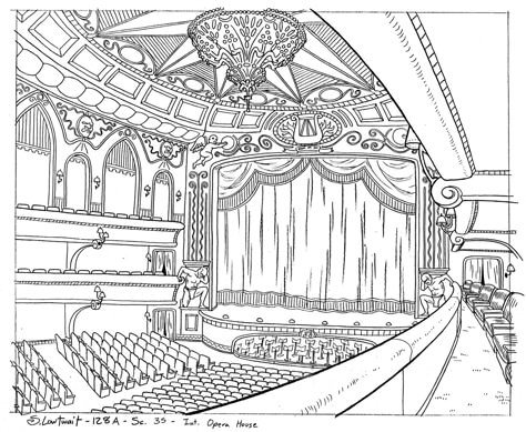 Hey Arnold! Backgrounds — Steve Lowtwait Art - Artwork by Steve Lowtwait Musical Theatre Colouring Pages, Theater Drawing Ideas, Theater Coloring Pages, Opera House Drawing, Theater Sketch, Theater Layout, Theater Drawing, Opera Drawing, Stage Sketch