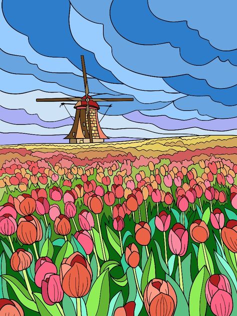 Amsterdam Landscape, Amsterdam Drawing, Adult Coloring Book Pages, Drawing Projects, Coloring Book Pages, Paint By Number, Adult Coloring Books, Drawing Ideas, Van Gogh