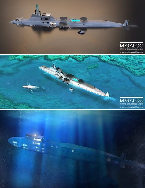 Migaloo: Luxury Submarine Yacht - Neatorama A comparable sized US Navy submarine would cost $2.3 billion to build. Still just a concept but DAMN what a concept! Luxury Submarine, Bond Villains, Navy Submarine, Us Navy Submarines, Row Boats, Private Yacht, Cool Boats, Bigger Boat, A Yacht