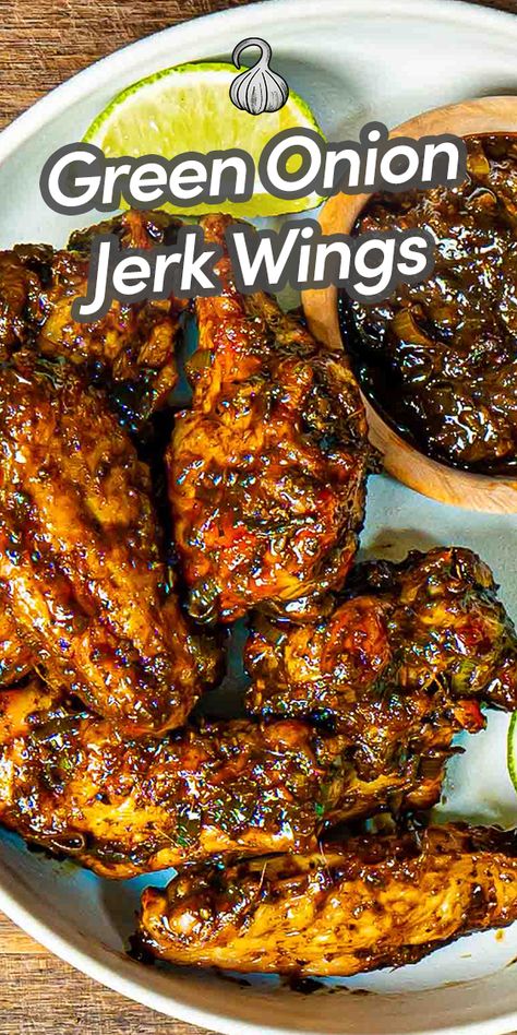 These Green Onion Jerk Chicken Wings are bold. Marinated in a spicy blend of aromatic jerk spices and tangy Worcestershire sauce, these wings boast an irresistibly robust & vibrant flavor. Gravy Master, Jerk Chicken Wings, Smoker Ideas, Black Truffle Oil, Smoked Chicken Wings, Recipe Using Chicken, Tamarind Sauce, Crowd Pleasing Appetizers, Jerk Seasoning