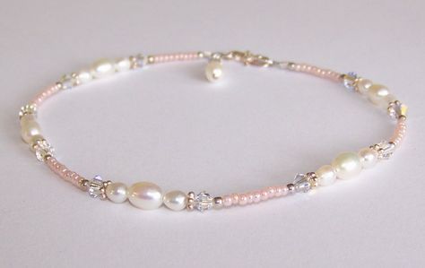 Beaded Bracelets Silver, Dainty Beaded Jewelry, Beaded Bracelets Pink, Silver Beaded Bracelets, Beaded Anklet, Beaded Jewelry Necklaces, Beaded Pendant Necklace, Beads Bracelet Design, Peach Color