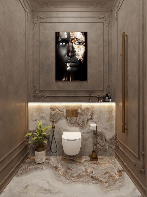 Marble Toilet Design Small Bathrooms, Luxury Commercial Bathroom, Luxury Bathroom Wallpaper, Yellow Walls Bathroom, Luxury Powder Rooms, Classic Bathroom Design Luxury, High End Bathroom Design, Classic Luxury Bathroom, Powder Washroom