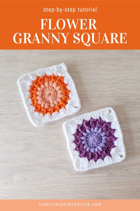 Flower Granny Square - Creative Cynchronicity Granny Square With Flower, Flower Square Crochet, Small Granny Square, Simple Crochet Pattern, Gerbera Flower, Flower Granny Square, Extra Yarn, Crochet Abbreviations, Step By Step Crochet