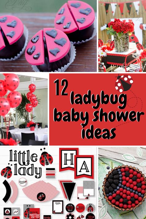 12 Ladybug Baby Shower Ideas - Love The Day Lovebug Baby Shower Ideas, Ladybug Diy Crafts, Ladybug Baby Shower Ideas, Ladybug Baby Shower Decorations, Ladybug Baby Shower Theme, Ladybug Centerpieces, Baby Shower Candy Table, Ladybug Cakes, Desserts Table