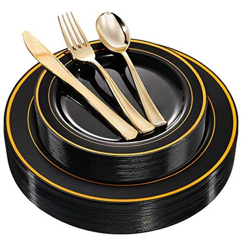 Black Dinnerware Set, Black Plastic Plates, Gold Plastic Silverware, Gold Plastic Plates, Plastic Dinnerware Sets, Gold Plates, Disposable Plastic Plates, Plastic Silverware, Gold Cutlery