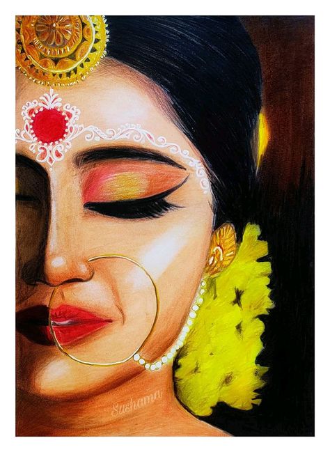 Portrait With Pencil Colour, Half Shiva Half Parvati Drawing, Beautiful God Drawing, Oil Pestal Art, Indian Art Paintings Modern Indian Art Paintings, Monjolika Bhool Bhulaiya, Cute Project Ideas For School, Ganesh Art Paintings Beautiful, Indian Culture Art Drawing