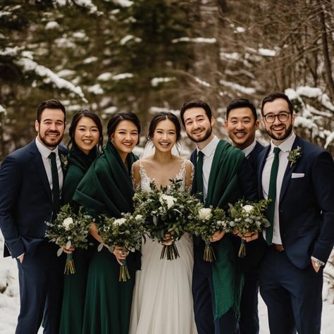 Bridal party dressed in emerald green bridesmaid dresses with navy blue shawls and groomsmen in navy suits with green ties, exuding sophistication and winter charm. Winter Bridesmaid Dress Colors, Emerald Bridal Party, Suits With Green Ties, Navy And Dark Green Wedding, Emerald Green And Navy Blue Wedding, Emerald Green Bridal Party, Navy And Emerald Wedding, Emerald And Navy Wedding, Blue Winter Wedding Ideas