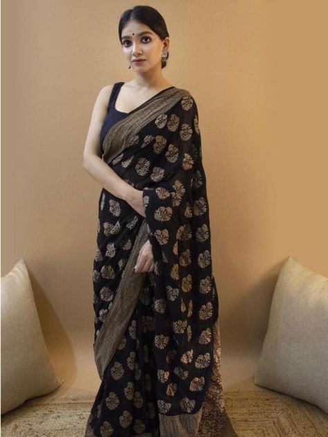 Rs.1199-Beautiful Black Color Designer Party Wear Lichi Silk Saree At Siya Fashion. Lichi Silk Saree, Black Saree, Stylish Sarees, Work Sarees, Saree Look, Chiffon Saree, Fancy Sarees, Soft Silk Sarees, Traditional Sarees