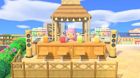 Acnh Beach Spa Ideas, Acnh Sushi Bar Beach, Animal Crossing Smoothie Bar, Acnh Beach Bar Design, Juice Bar Animal Crossing, Acnh Juice Bar Ideas, Animal Crossing Restaurant Ideas Outside, Acnh Beach Ideas Tiki Bar, Acnh Bar Ideas