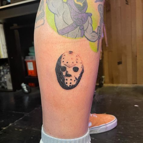 jason voorhees mask for @jakeok9 ! #seattletattooartist #queertattooartist #femmetattooer #transtattooartist #lucytats Jason Voorhees Mask Tattoo, Small Horror Movie Tattoos, Jason Vorhees Tattoo, Jason Mask Tattoo, Movie Inspired Tattoos, Jason Voorhees Tattoo, Jason Tattoo, Jason Voorhees Mask, Jason Horror