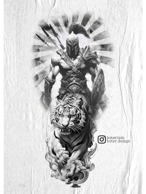 Spartan Tiger Tattoo, Tiger Warrior Tattoo, Gladiator Tattoo Design, Tattoo Gladiator, Spartan Tattoo Design, Warrior Tattoo Ideas, Spartan Warrior Tattoo, Warrior Tattoo Design, Realistic Tattoo Ideas