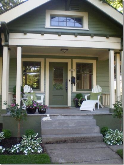 Soothing Green and Adirondacks...Cool Bungalow Veranda, Bungalow Porch, Veranda Design, Cottage Porch, Green Cottage, Craftsman Homes, Bungalow Exterior, Cottages And Bungalows, Front Porch Design