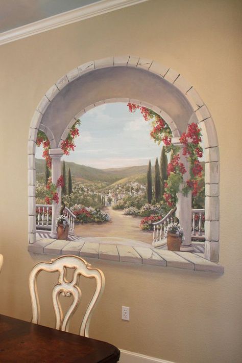 Italian Dining Room Trompe L'Oeil Arch - Morgan Mural Studios Dining Room Murals, Classic Drawing, Stone Arches, Italian Dining Room, Wallpaper Classic, Mother Earth Art, Window Mural, Large Wall Murals, Palace Garden