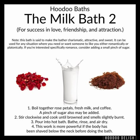 You asked for it! And here it is! 😊  This is the milk bath for love, friendship, and attraction.  Roses serve to attract and draw positive connection as well as bring out beauty and glamour in the bather.  The milk itself provides spiritual grounding, strength, and soothing for any fears or lack of confidence.  Coffee energizes and helps to spell to take affect quickly.  This bath is a wonderful addition to any love work. Glamour Magick, Hoodoo Conjure Rootwork, Hoodoo Magic, Hoodoo Conjure, Hoodoo Spells, Beauty Spells, Voodoo Hoodoo, Magia Das Ervas, Spiritual Bath