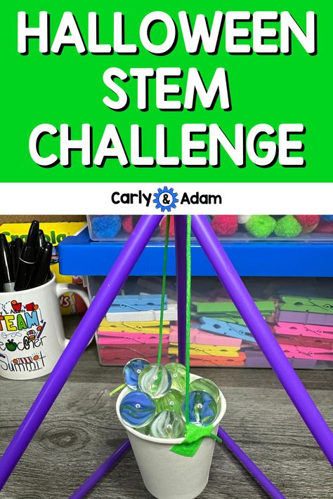 Looking for a fun fall or Halloween STEM challenge for your students? Challenge them to build a marble cauldron hanger using straws, string, tape, and a small cup. The goal of this Halloween STEM activity is to create a structure that holds as many marbles as possible without touching the ground. This hands-on STEM activity encourages problem-solving, teamwork, and creative thinking, making it perfect for elementary students during the Halloween season. Halloween Stem Challenges Elementary, Free Stem Activities Elementary, Halloween Elementary Activities, Halloween Steam Activities, Steam Projects For Kids, Fall Stem Challenges, Halloween Stem Challenge, Stem Challenges Elementary, Fall Stem Activities