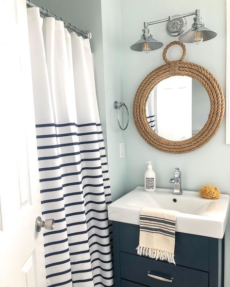 Who’s everyone rooting for in the World Series tonight?? We’re rooting for the Nationals just because they were the underdogs 🤷‍♀️ Our… Beach Condo Bathroom, Navy Blue Bathroom Vanity, Kids Bathroom Paint, Navy Blue Bathroom, Navy Blue Bathrooms, Beachy Bathroom, Condo Bathroom, Blue Bathroom Vanity, Beach House Bathroom