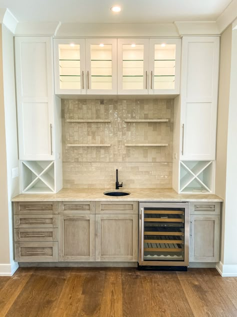 Wet Bar With Seating Area, Two Tone Wet Bar, White Oak Basement Bar, Bar Cabinet Colors, Coastal Wet Bar, Wet Bar In Kitchen, Wet Bar Ideas In Living Room, Two Tone Cabinet, Wet Bar Cabinets