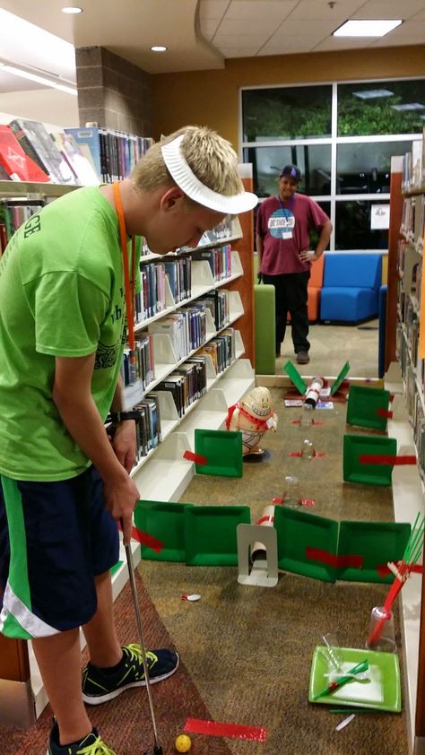 Mini Putt, Indoor Mini Golf, Golf Clubhouse, Library Games, Putt Putt Golf, Teen Library, Indoor Golf, Golf Diy, Teen Programs