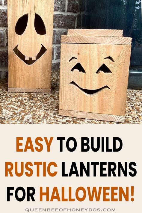 Super cute and easy! These rustic Halloween lanterns can be built in 3 sizes and add a touch of farmhouse to any holiday decor! #Halloween #woodworking #lanterns #pumpkins #decorations Halloween Wood Lanterns, Diy Wooden Halloween Decorations Outdoor, Wooden Jackolantern Diy, Halloween Wood Lanterns Diy, How To Make Wooden Pumpkins, Wood Pumpkin Lanterns Diy, Pumpkin Outdoor Decorating Ideas, Halloween Diy Wood Crafts, Halloween Wood Crafts To Sell