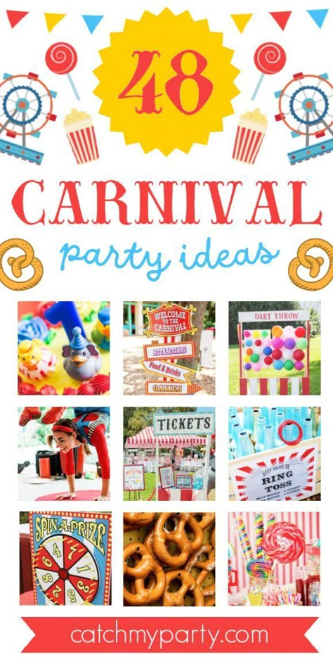 Planning a carnival-themed party? You've come to the right place. We just rounded up the most amazing 48 carnival party ideas from CatchMyParty.com, jam-packed with fantastic suggestions and lots of inspiration! Carnivals are all about mystery, magic, and a whole lot of joy. Everything about them brings so much pleasure, from the sweet smells to the cheerful music. See more party ideas and share yours at CatchMyParty.com Circus Theme Fall Festival, Carnival Birthday Party Prizes, Back To School Festival Ideas, Summer Carnival Games, Summer Carnival Party, Carnival Party Snacks, Diy Fair Games School Carnival, Carnival Event Ideas, Carnival Craft Ideas