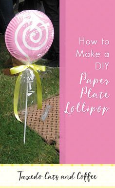 I originally made these paper plate lollipops for my Candyland party, but you could use these cute lollipop decorations for just about any occasion!  All you need is a few paper plates, paint, and ribbon to make this paper plate lollipop. Paper Plate Lollipops, Lollipops Diy, Lollipop Craft, Cute Lollipop, Christmas Candyland, Lollipop Decorations, Candy Decorations Diy, Giant Lollipops, Willy Wonka Party