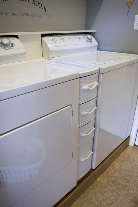 Laundry-Room-Washer-and-Dryer-Platform Open Organization, Closet Laundry Room Makeover, Budget Laundry Room Makeover, Grey Laundry, Laundry Room Organization Storage, Laundry Room Storage Shelves, Small Laundry Room Makeover, Small Laundry Room Organization, Room Storage Diy