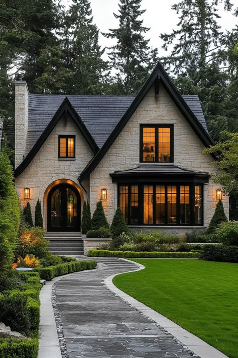 High Pitch Roof Houses Exterior, Brick Exterior Renovation, Contemporary Home Exterior Design, House Castle Design, Stone And Shingle House Exterior, Beautiful Homes Exterior Modern Luxury, Story Book Homes, Stone Cottage Homes Interiors, Charming Exterior Homes