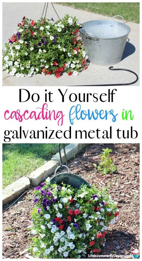 DIY Hanging Cascading Flowers in a Galvanized Metal Tub is a great addition to your garden. This is an easy garden project and a great way to bring a vintage metal bucket into your garden in style. Flowers Pouring Out Of Bucket, Galvanized Tub Garden Ideas, Hanging Flowers On Porch, Shepherds Hook In Planter, Hanging Bucket Planter, Galvanized Flower Planters, Diy Hanging Flowers, Metal Bucket Ideas, Cascading Garden