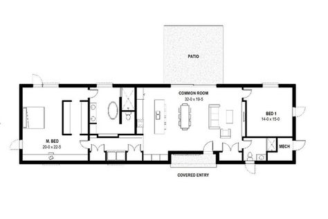 Pole Barn Home, Narrow House Plans, Phillip Island, Small House Layout, Affordable House Plans, Long House, 2 Bedroom House Plans, Small House Floor Plans, Modern Style House Plans